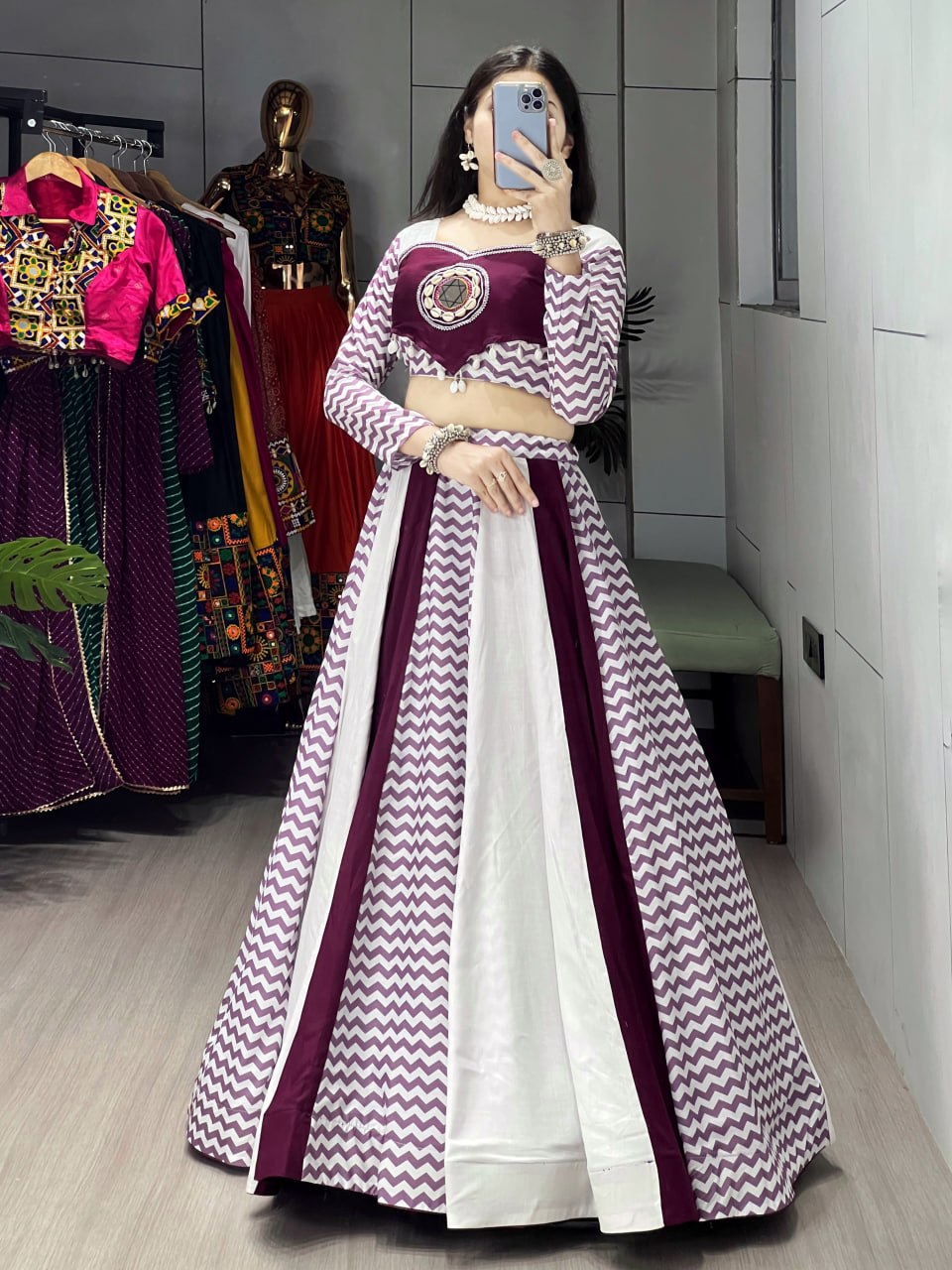 Wine & White Chevron Leheriya Lehenga Choli Set for Navratri