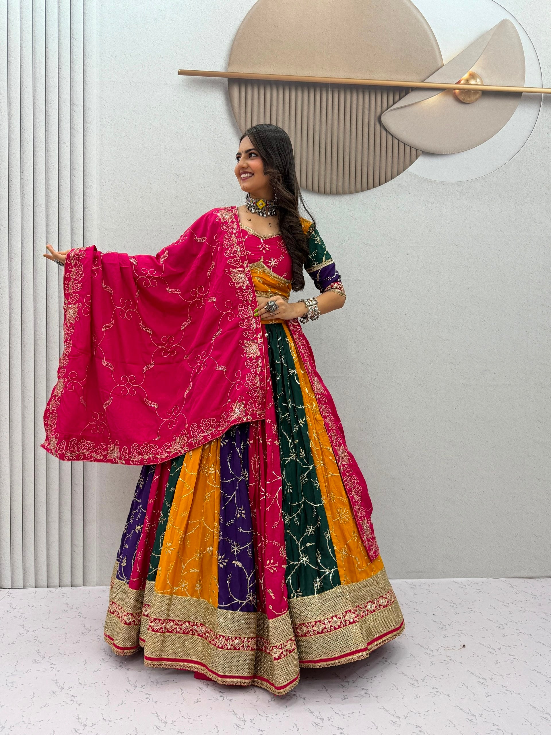 Royal Multicolor Milky Silk Lehenga Choli with Sequence Work