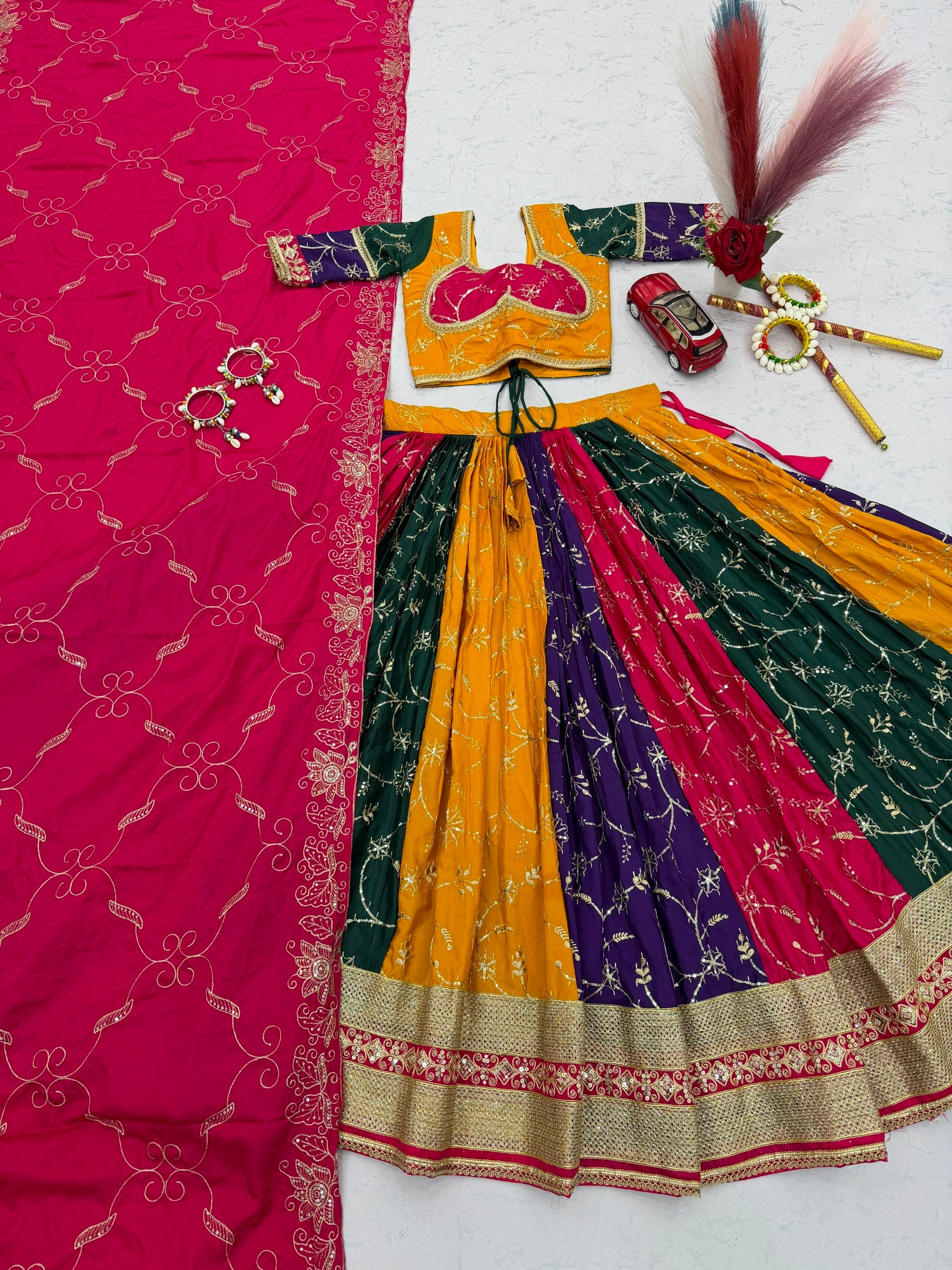 Royal Multicolor Milky Silk Lehenga Choli with Sequence Work