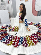 Pure Cotton White Chevron Print Navratri Lehenga Choli with 6 Meter Flair