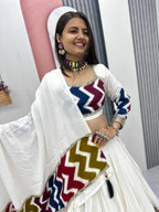 Pure Cotton White Chevron Print Navratri Lehenga Choli with 6 Meter Flair