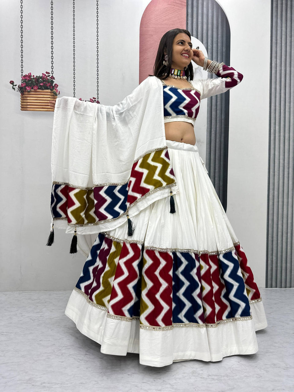 Pure Cotton White Chevron Print Navratri Lehenga Choli with 6 Meter Flair