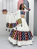 Pure Cotton White Chevron Print Navratri Lehenga Choli with 6 Meter Flair