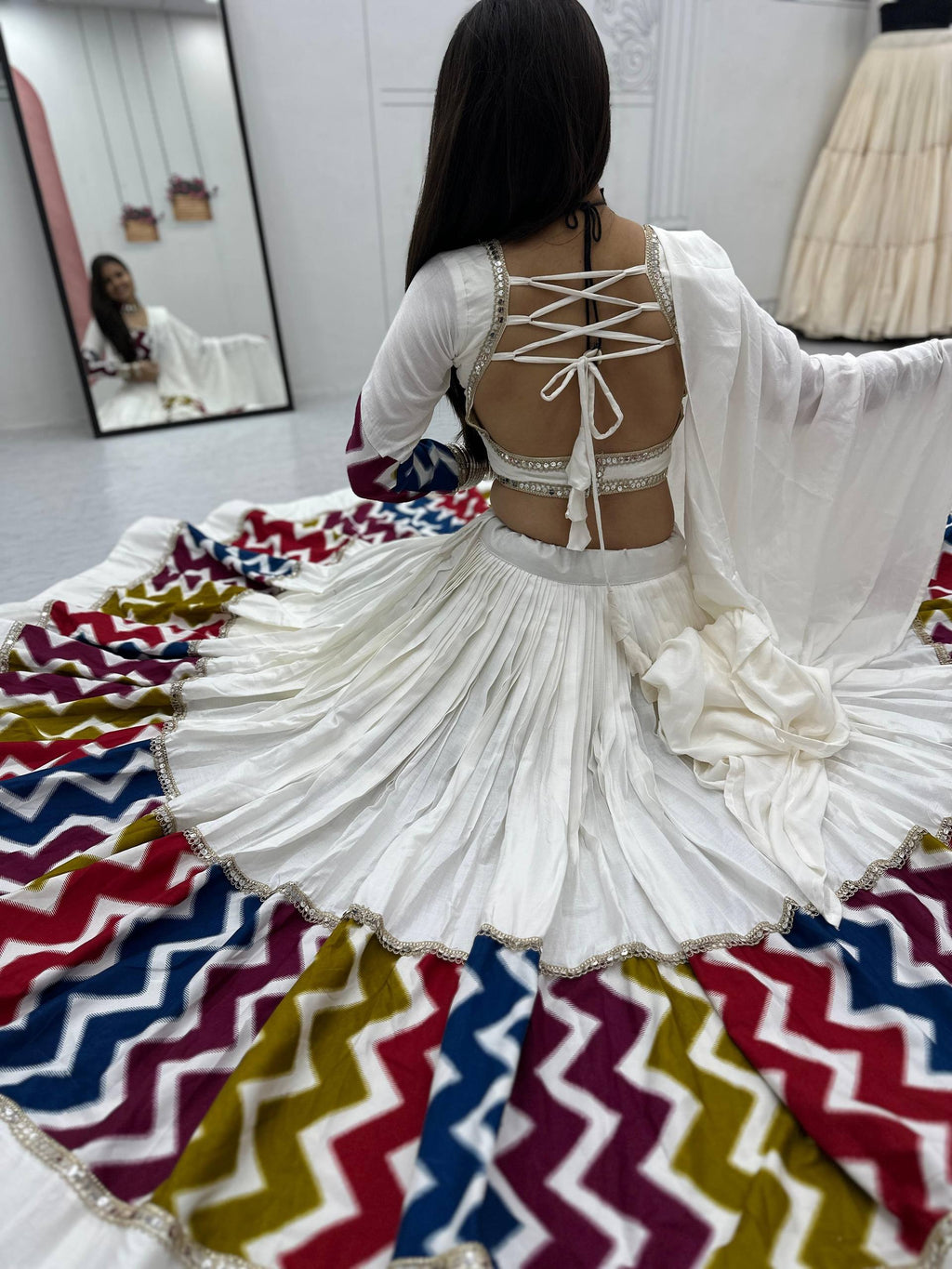 Pure Cotton White Chevron Print Navratri Lehenga Choli with 6 Meter Flair