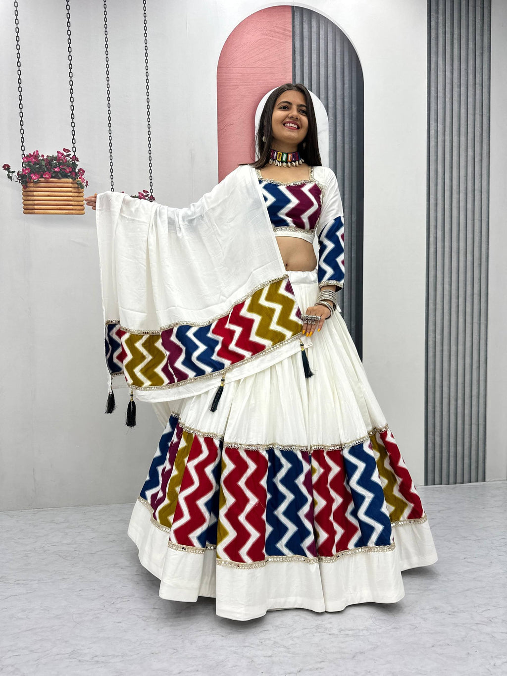 Pure Cotton White Chevron Print Navratri Lehenga Choli with 6 Meter Flair
