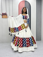 Pure Cotton White Chevron Print Navratri Lehenga Choli with 6 Meter Flair