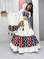 Pure Cotton White Chevron Print Navratri Lehenga Choli with 6 Meter Flair