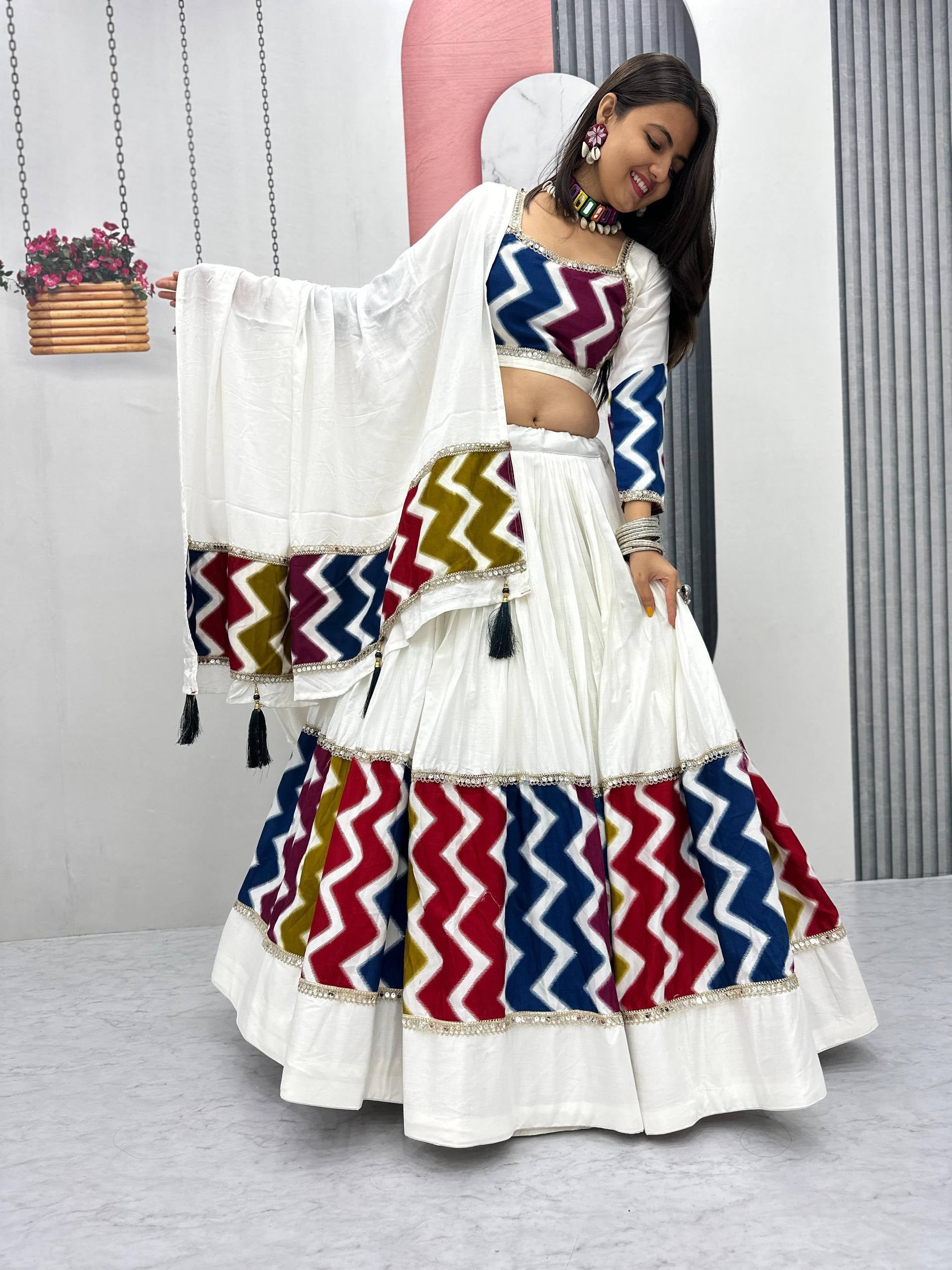 Pure Cotton White Chevron Print Navratri Lehenga Choli with 6 Meter Flair