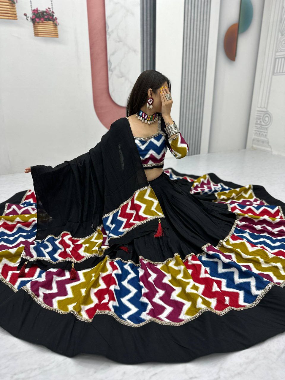 Premium Black Pure Cotton Lehenga Choli with Vibrant Chevron Border