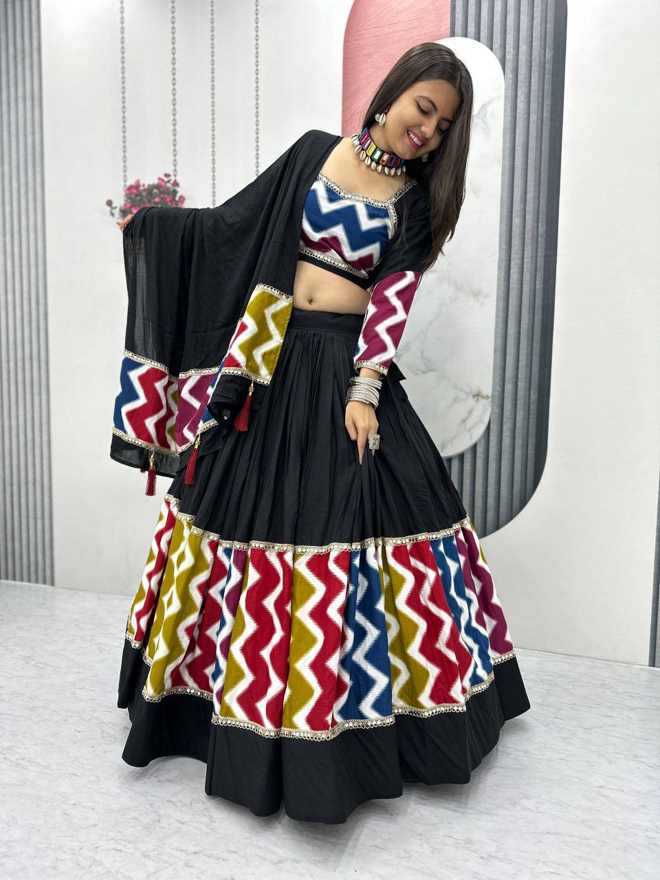 Premium Black Pure Cotton Lehenga Choli with Vibrant Chevron Border