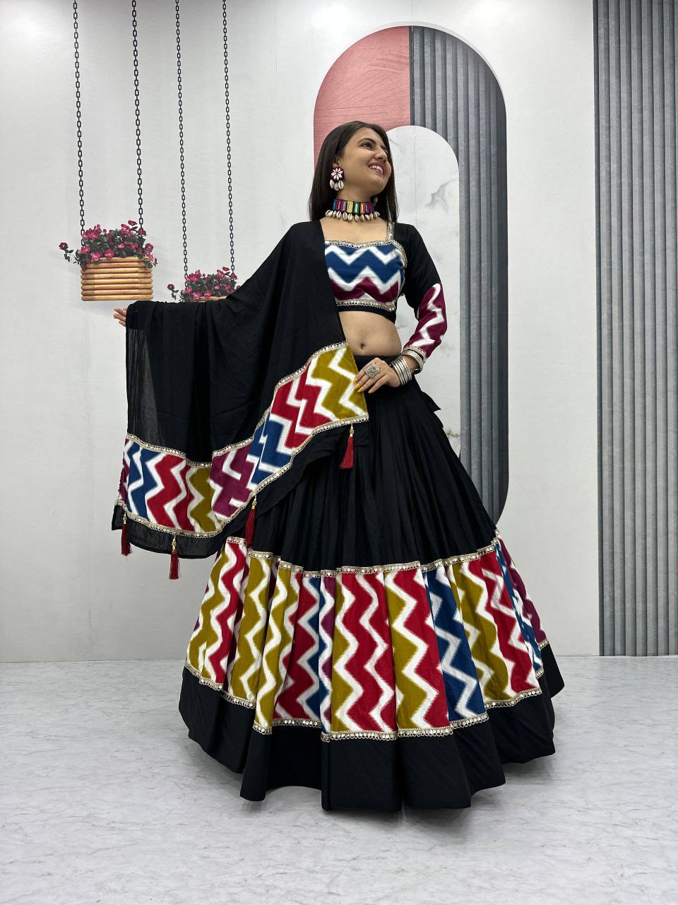 Premium Black Pure Cotton Lehenga Choli with Vibrant Chevron Border