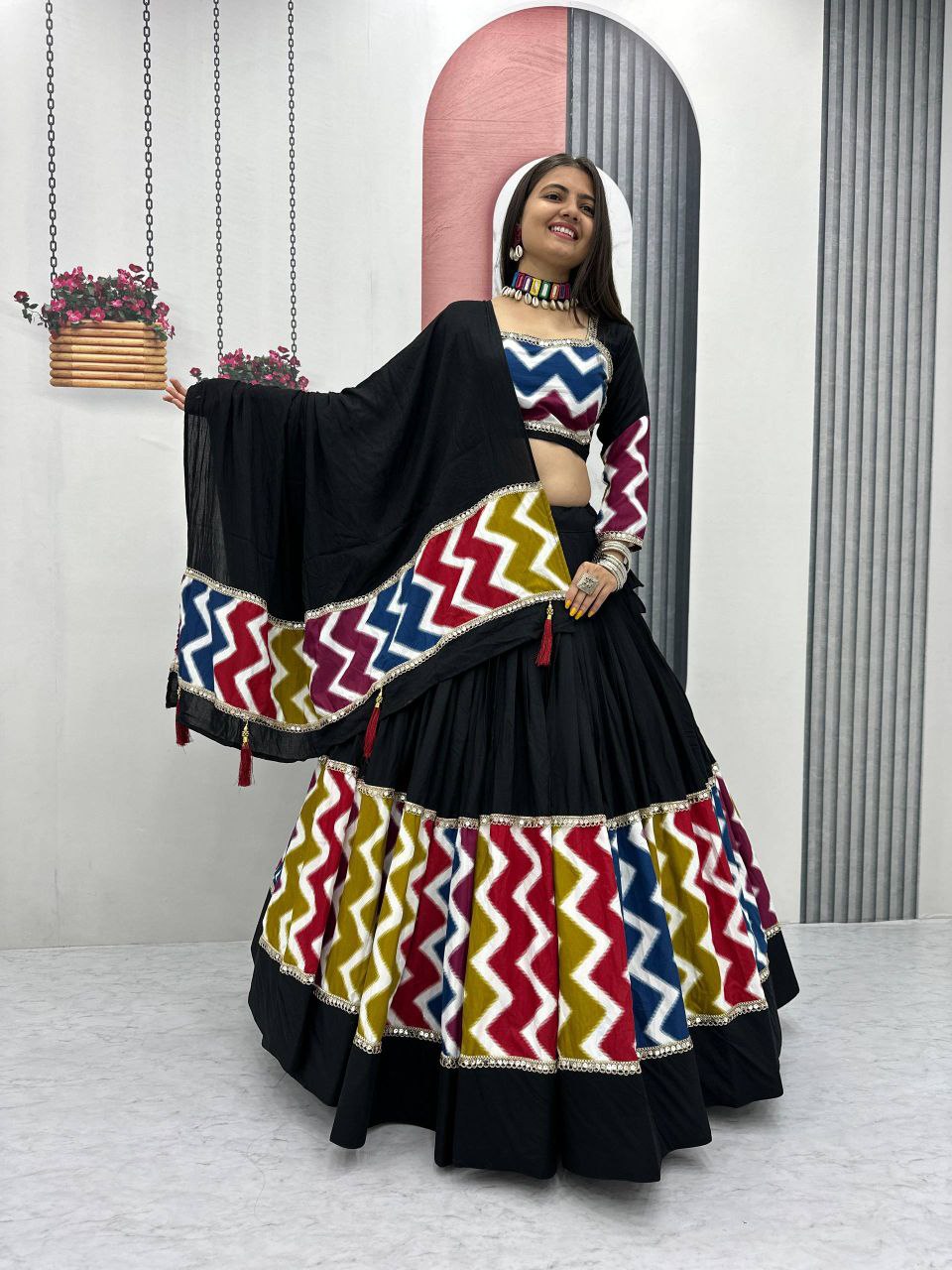 Premium Black Pure Cotton Lehenga Choli with Vibrant Chevron Border