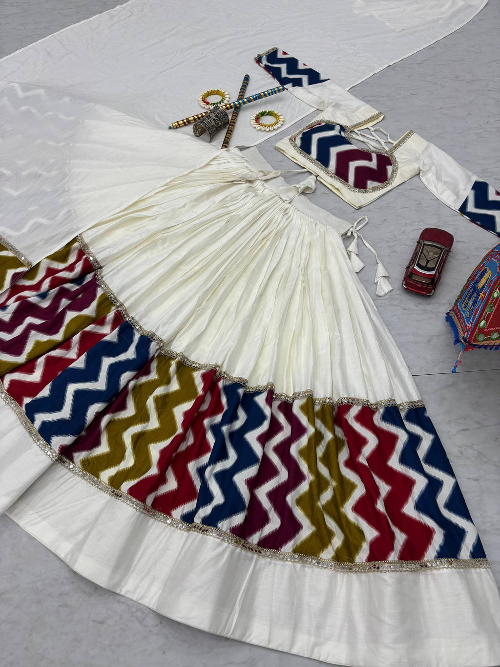 Pure Cotton White Chevron Print Navratri Lehenga Choli with 6 Meter Flair