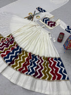 Pure Cotton White Chevron Print Navratri Lehenga Choli with 6 Meter Flair