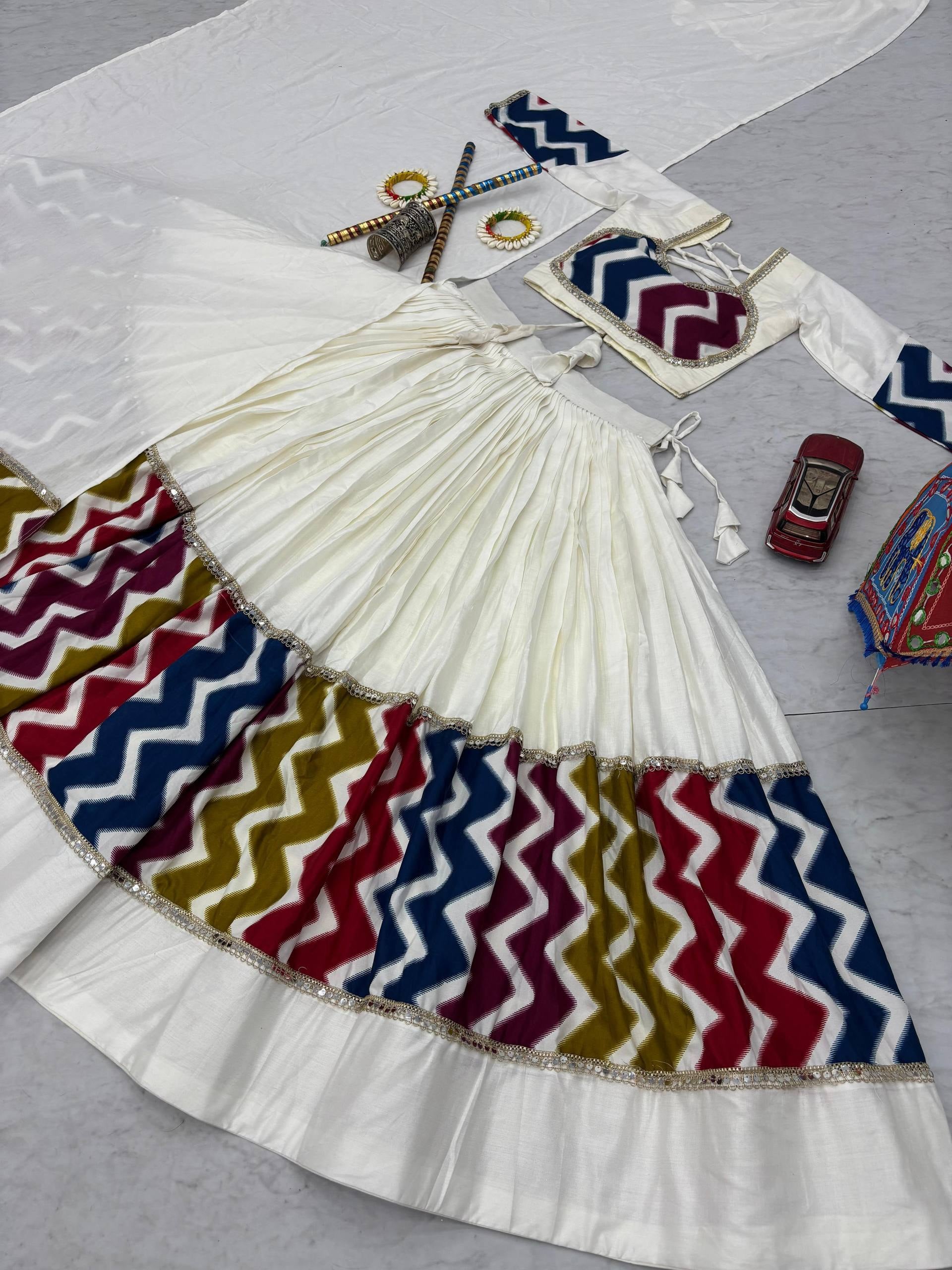Pure Cotton White Chevron Print Navratri Lehenga Choli with 6 Meter Flair