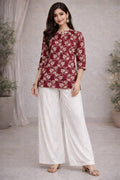 Maroon Floral Short Top & White Palazzo Set