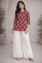 Maroon Floral Short Top & White Palazzo Set