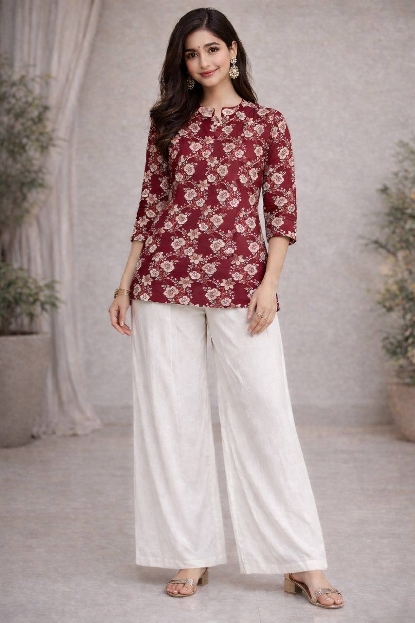 Maroon Floral Short Top & White Palazzo Set