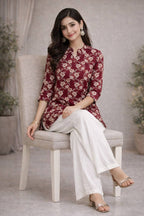 Maroon Floral Short Top & White Palazzo Set