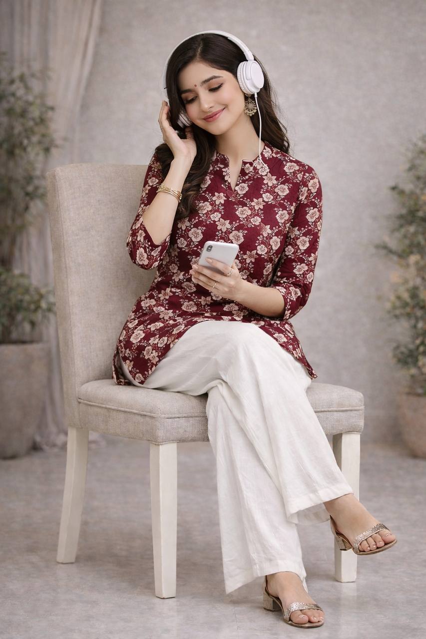 Maroon Floral Short Top & White Palazzo Set