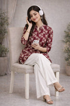 Maroon Floral Short Top & White Palazzo Set