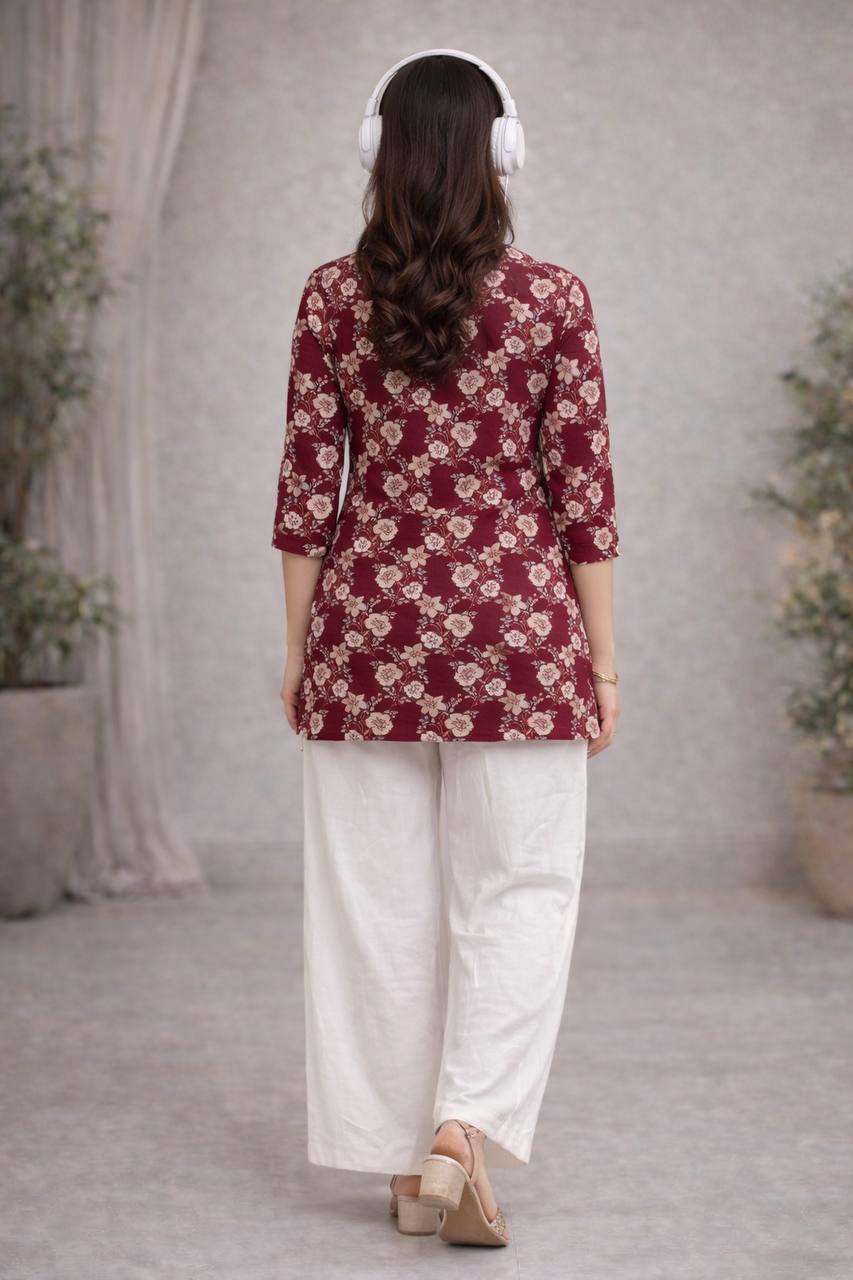 Maroon Floral Short Top & White Palazzo Set