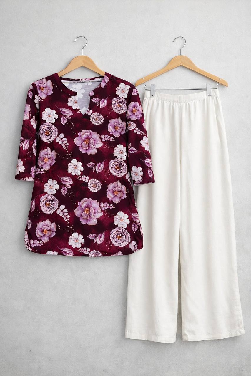 Moonpalav Bold Floral Short Top & White Palazzo Set