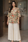 Moonpalav Geometric Print Short Top & Beige Palazzo Set