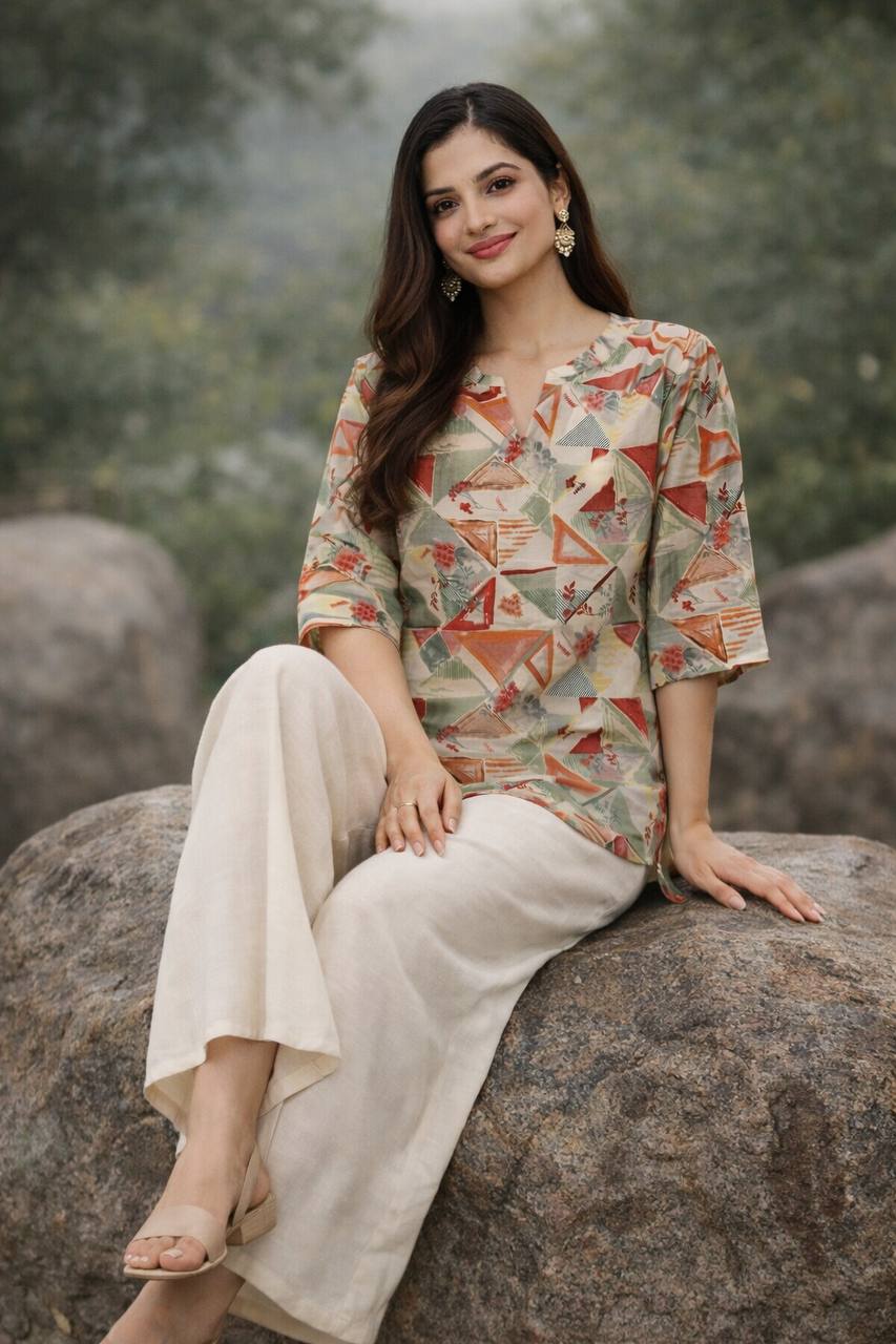 Moonpalav Geometric Print Short Top & Beige Palazzo Set