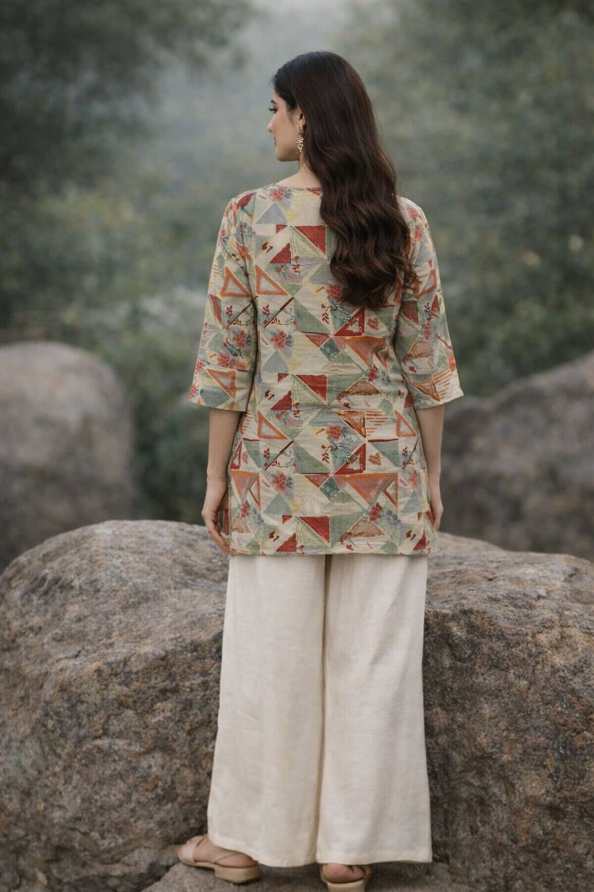 Moonpalav Geometric Print Short Top & Beige Palazzo Set