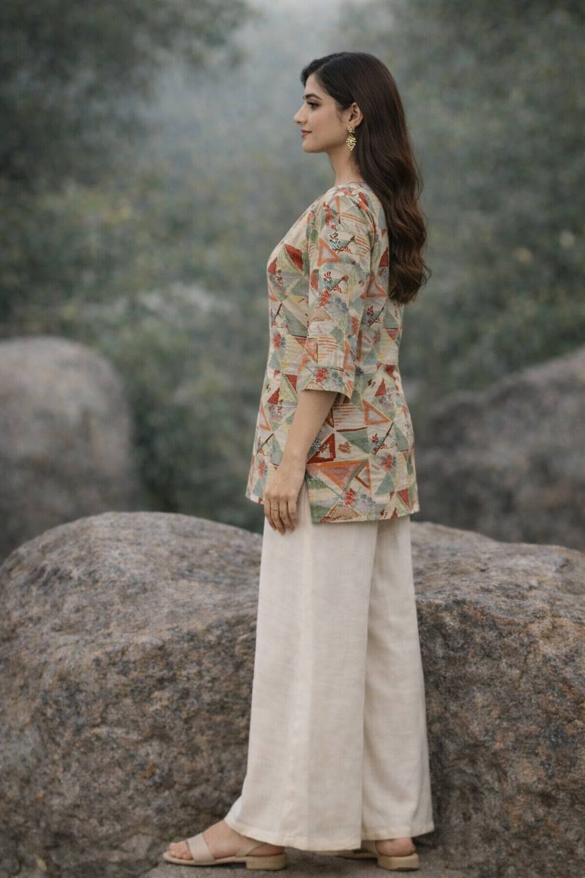 Moonpalav Geometric Print Short Top & Beige Palazzo Set