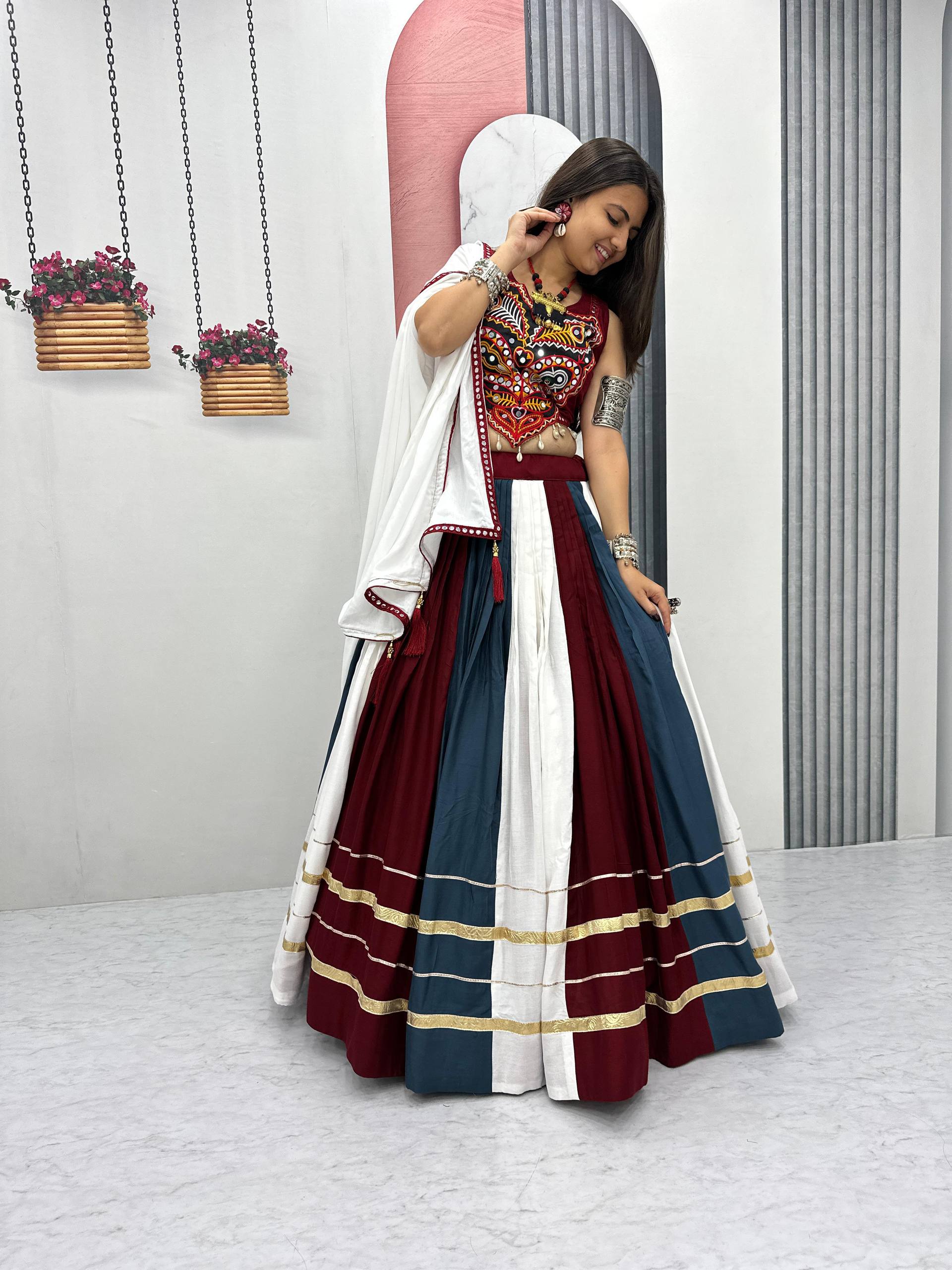 Traditional Rayon Cotton Navratri Lehenga Choli with Gamathi & Real Mirror Work