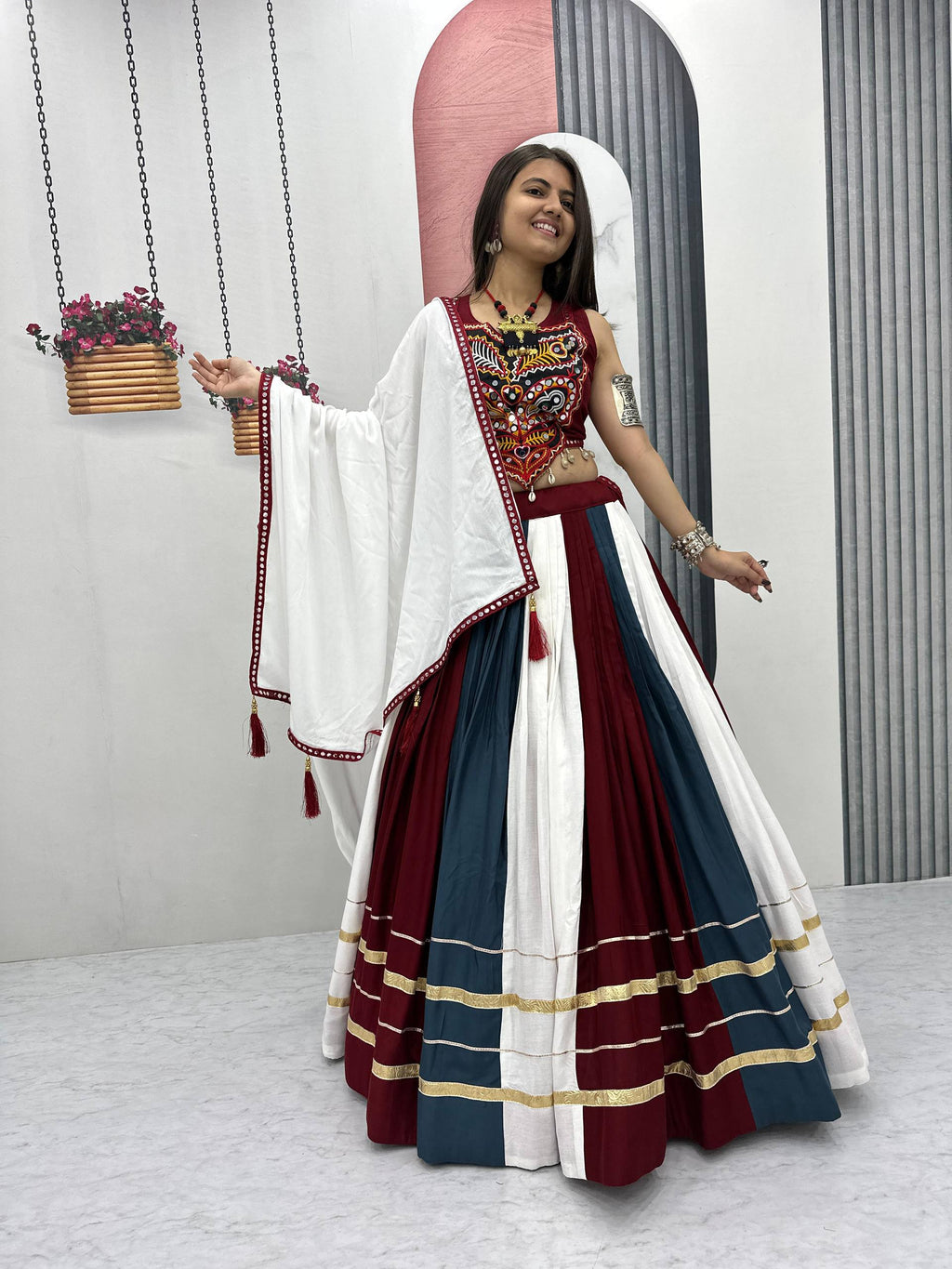 Traditional Rayon Cotton Navratri Lehenga Choli with Gamathi & Real Mirror Work