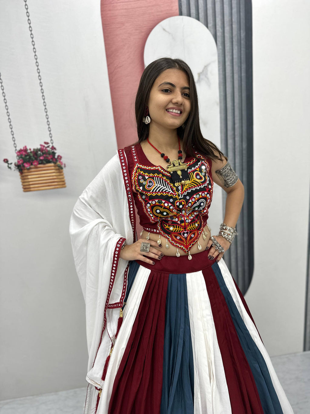 Traditional Rayon Cotton Navratri Lehenga Choli with Gamathi & Real Mirror Work