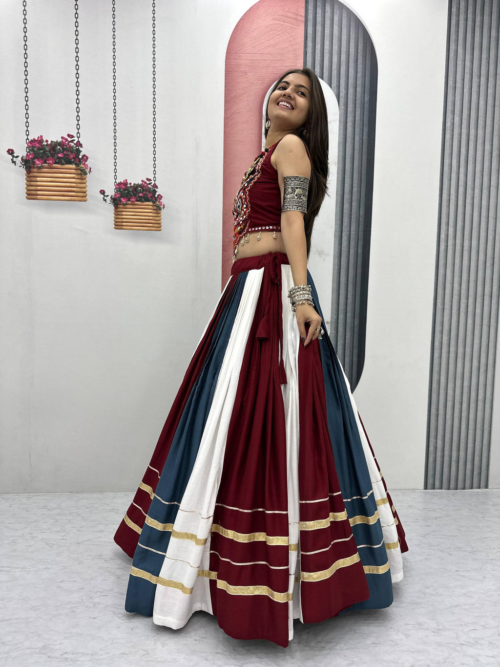 Traditional Rayon Cotton Navratri Lehenga Choli with Gamathi & Real Mirror Work