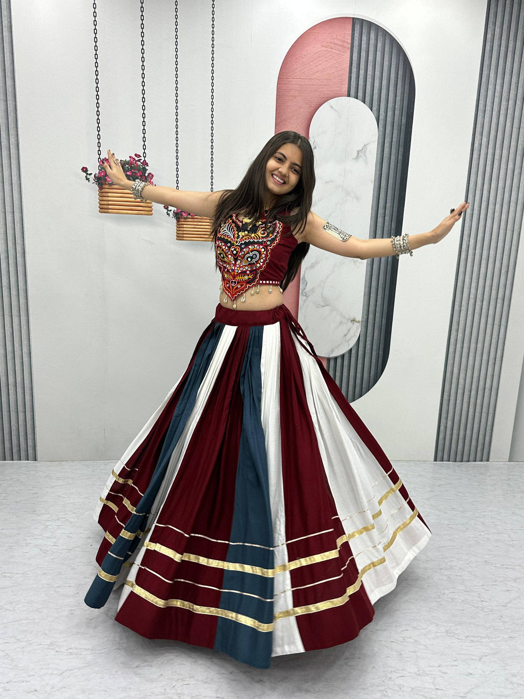 Traditional Rayon Cotton Navratri Lehenga Choli with Gamathi & Real Mirror Work