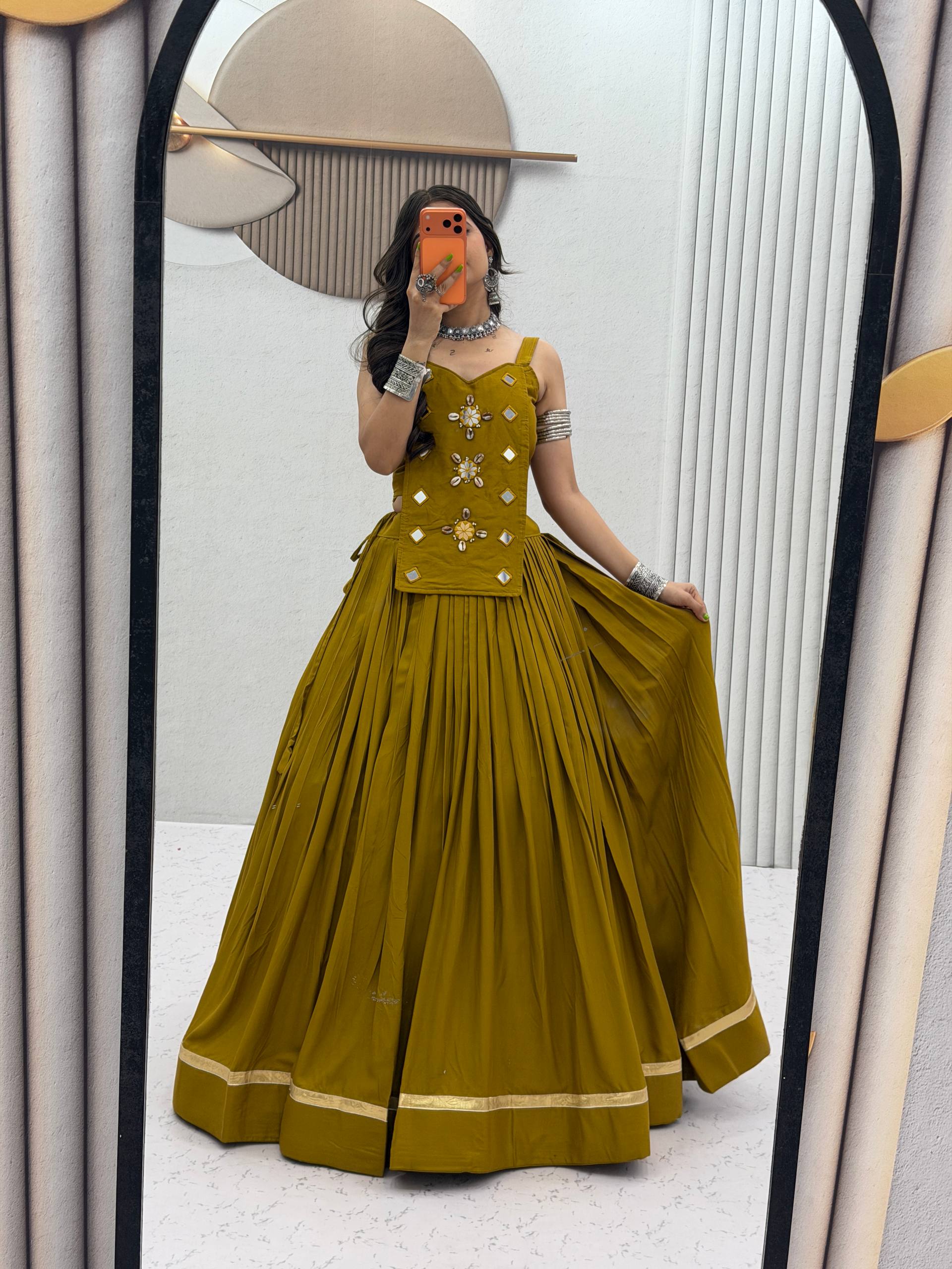 Premium Mustard Flared Lehenga Choli with Mirror Work Embellishments