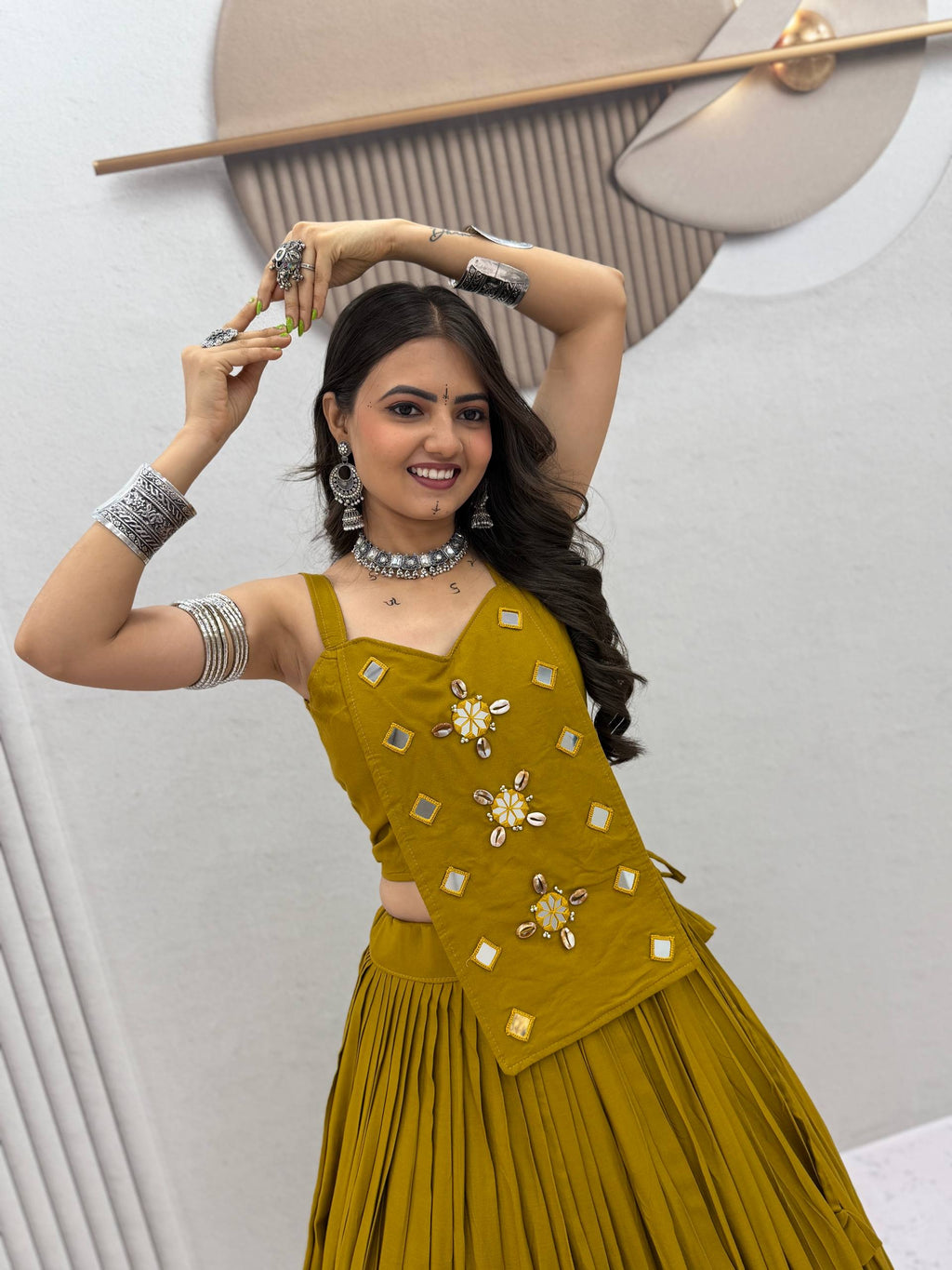 Premium Mustard Flared Lehenga Choli with Mirror Work Embellishments