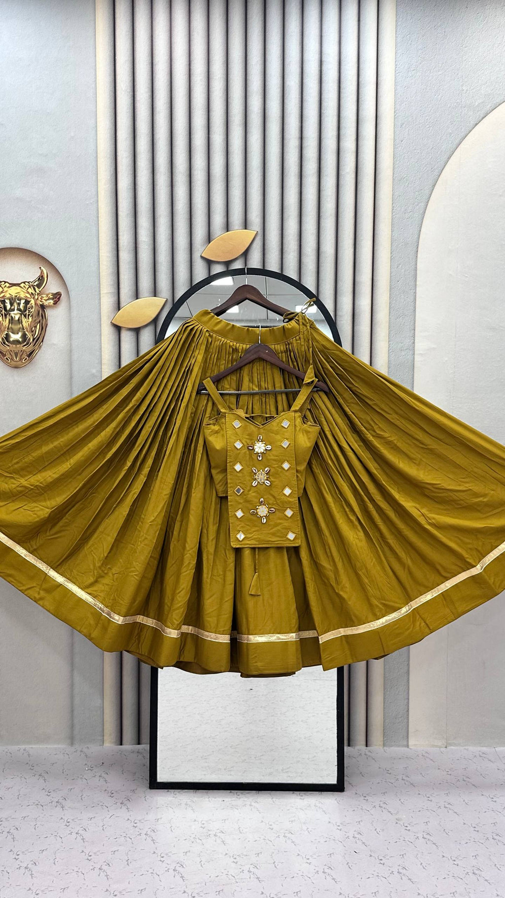 Premium Mustard Flared Lehenga Choli with Mirror Work Embellishments