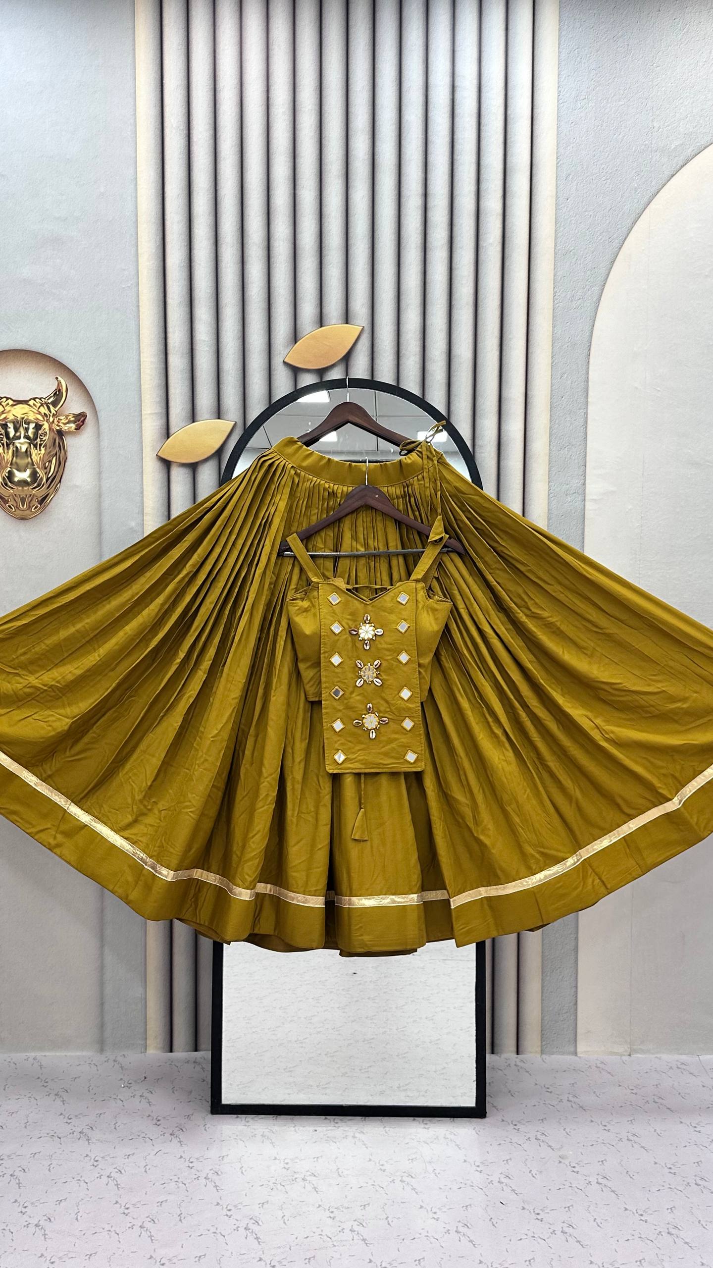 Premium Mustard Flared Lehenga Choli with Mirror Work Embellishments