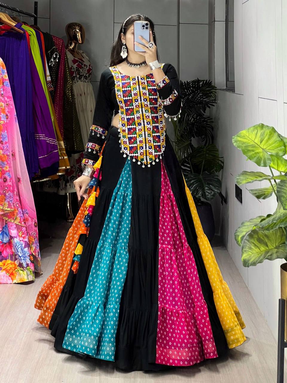 Multicolor Bandhani Lehenga with Kutchi Mirror Work Top - Navratri Collection 2026