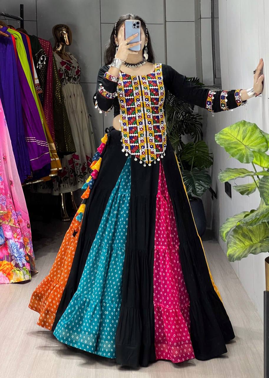 Multicolor Bandhani Lehenga with Kutchi Mirror Work Top - Navratri Collection 2026