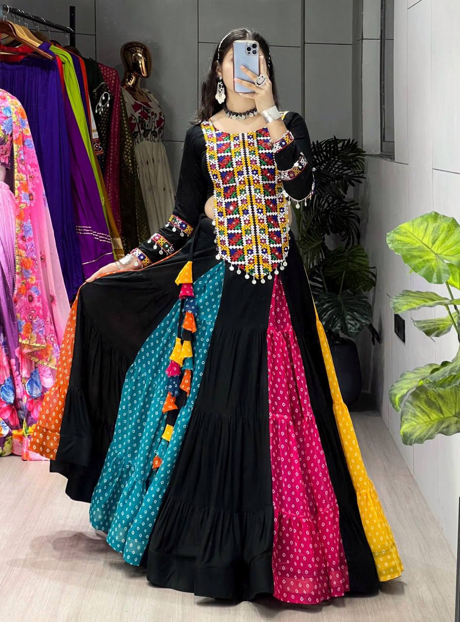 Multicolor Bandhani Lehenga with Kutchi Mirror Work Top - Navratri Collection 2026