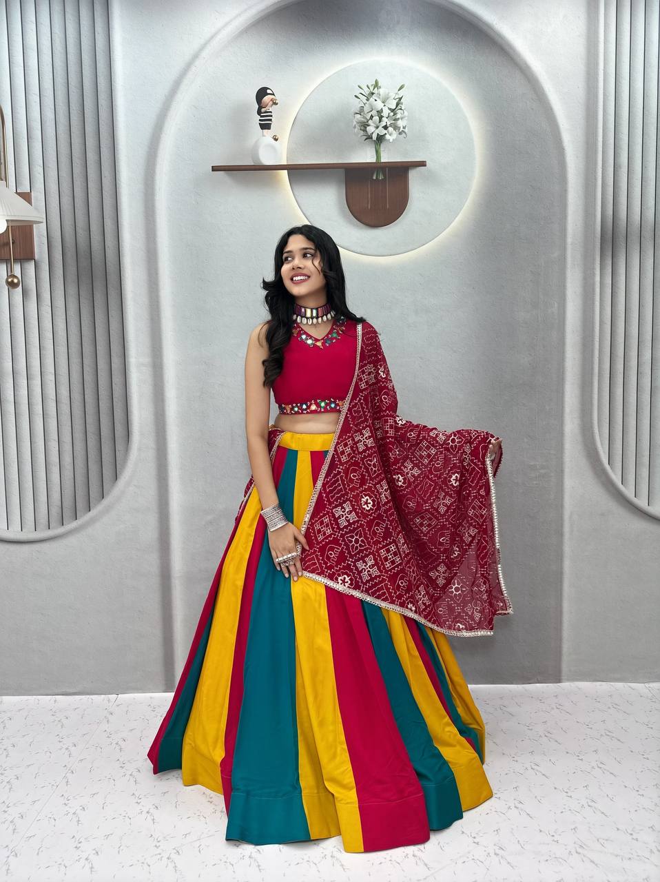 Vibrant Multi-Color Kali Lehenga Choli for Navratri | Pure Cotton & Hand Mirror Work