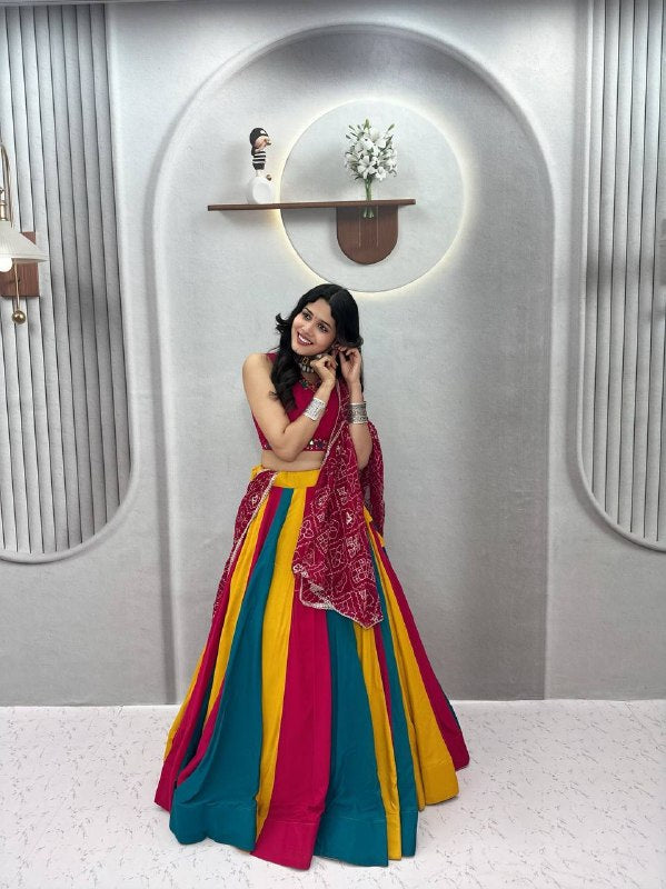 Vibrant Multi-Color Kali Lehenga Choli for Navratri | Pure Cotton & Hand Mirror Work