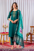 Moonpalav Bottle Green Viscose Silk Suit with Digital Print Chanderi Dupatta