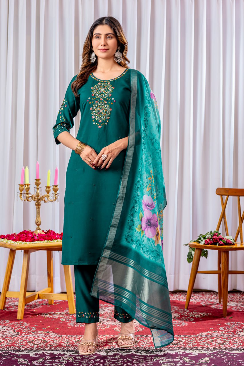 Moonpalav Bottle Green Viscose Silk Suit with Digital Print Chanderi Dupatta