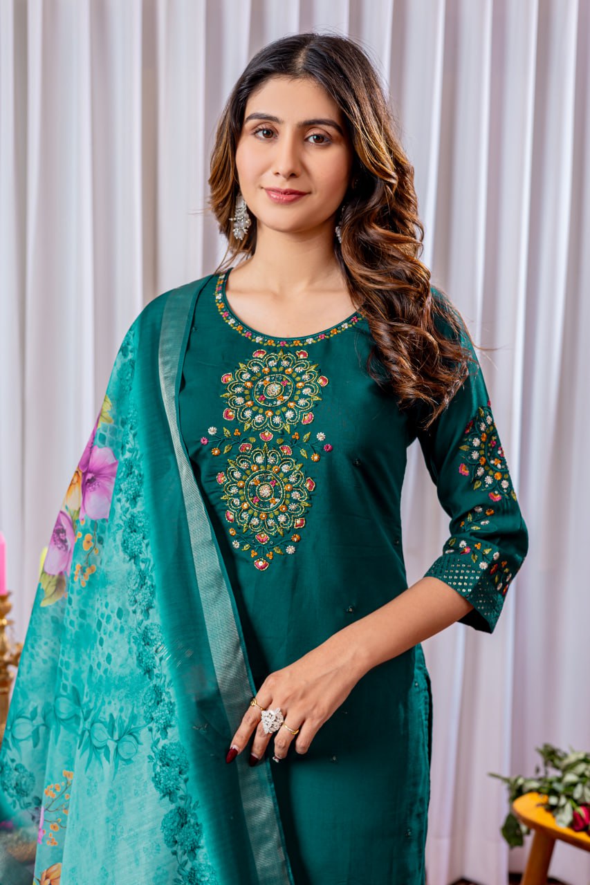 Moonpalav Bottle Green Viscose Silk Suit with Digital Print Chanderi Dupatta
