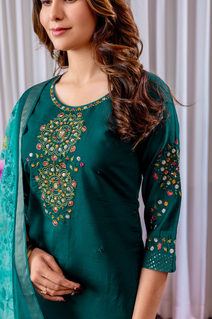 Moonpalav Bottle Green Viscose Silk Suit with Digital Print Chanderi Dupatta