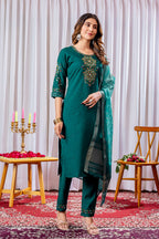 Moonpalav Bottle Green Viscose Silk Suit with Digital Print Chanderi Dupatta